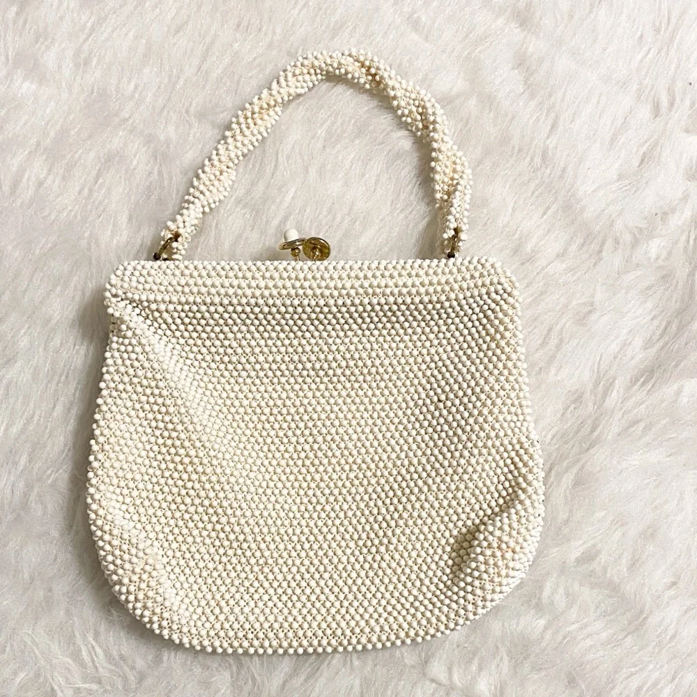 1960s MCM Lumured Corde-Bead White Beaded Handbag w/Handle Evening Bag Purse USA - Picture 2 of 5